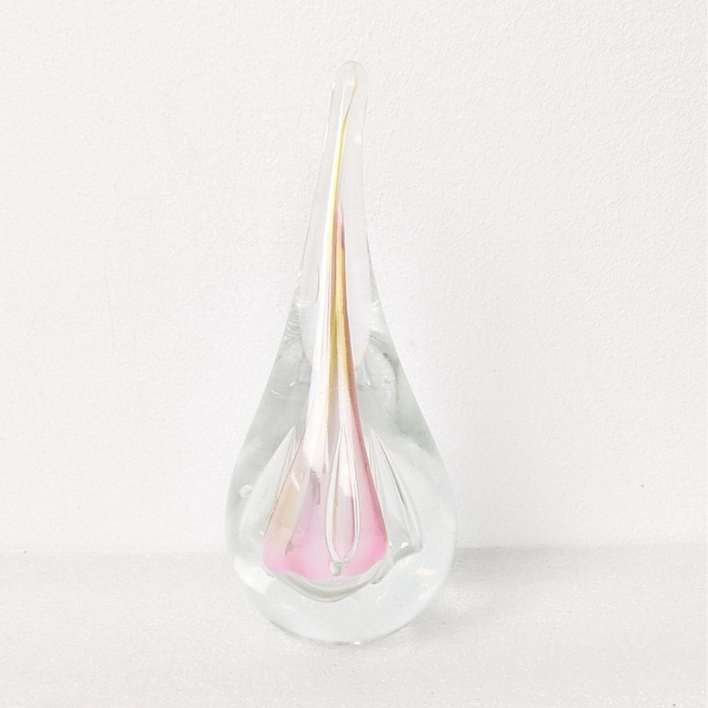 Signed AJ Adam Jablonski Hand Blown Art Glass Teardrop Paperweight Pink Yellow
